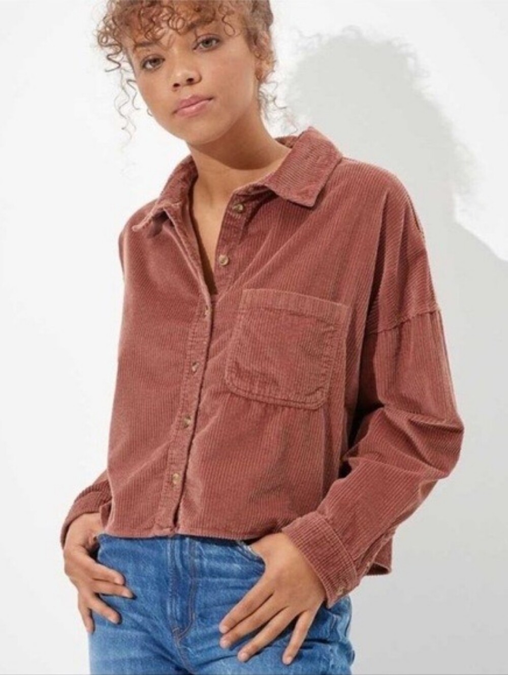 American Eagle L Indie Sleeze Grunge Boyfriend Dusty Rose Cropped Corduroy Shirt